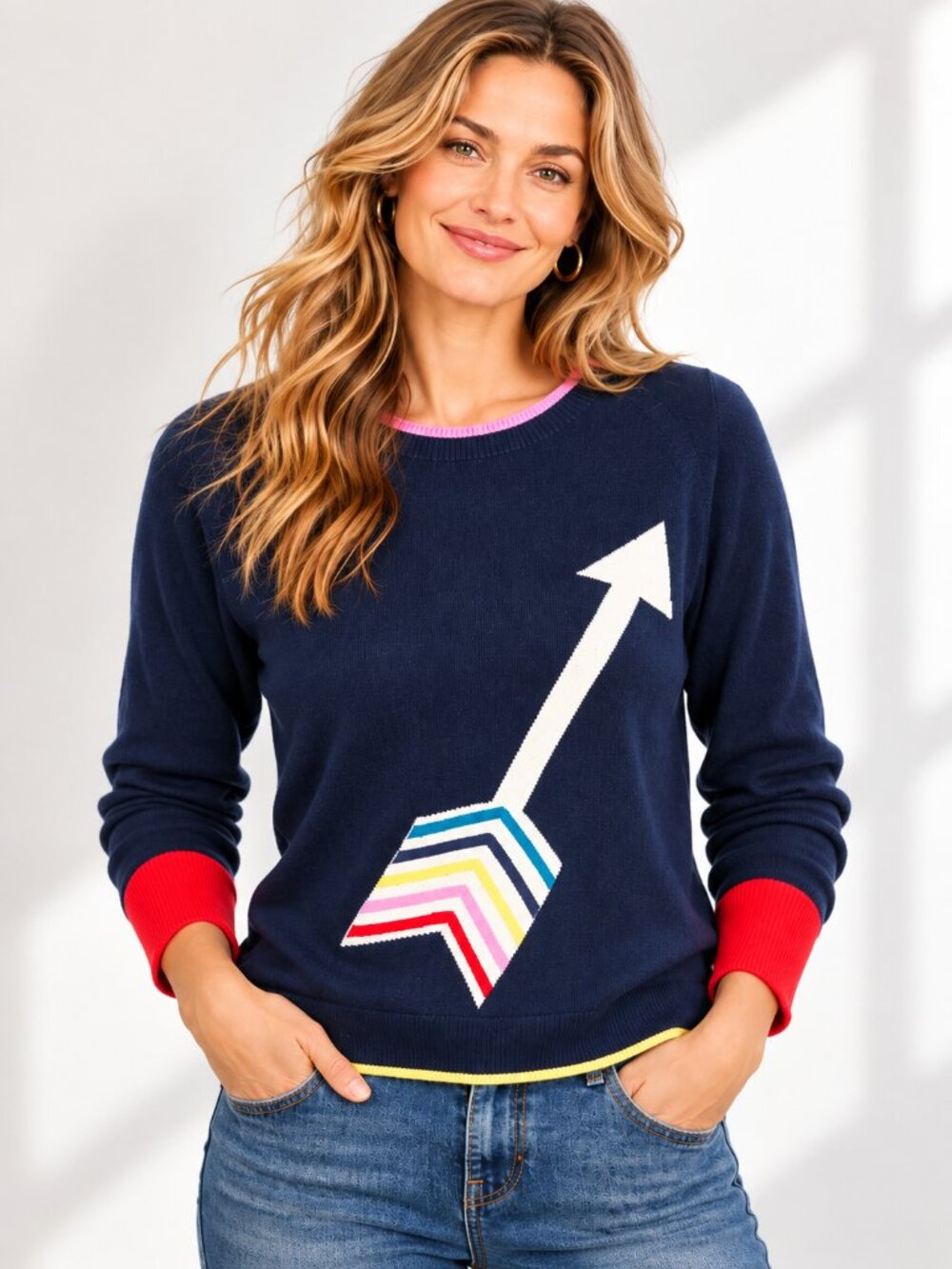 Boden Romy Arrow Intarsia Sweater Womens M Navy Rainbow Wool Cotton Crewneck